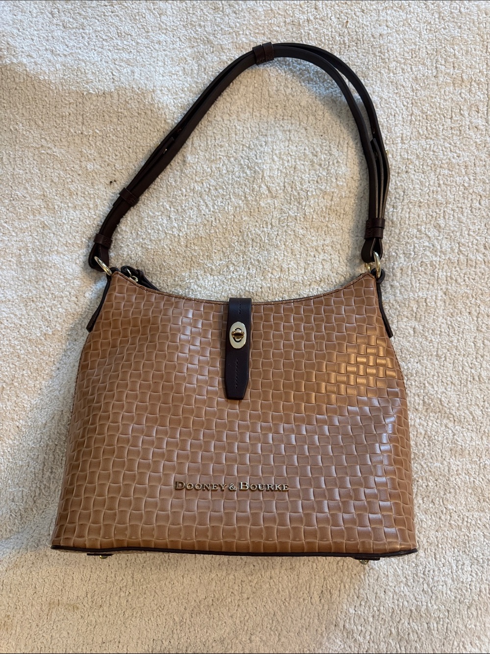 Dooney & Bourke Tan Woven Leather Shoulder Bag with Dark Brown Strap